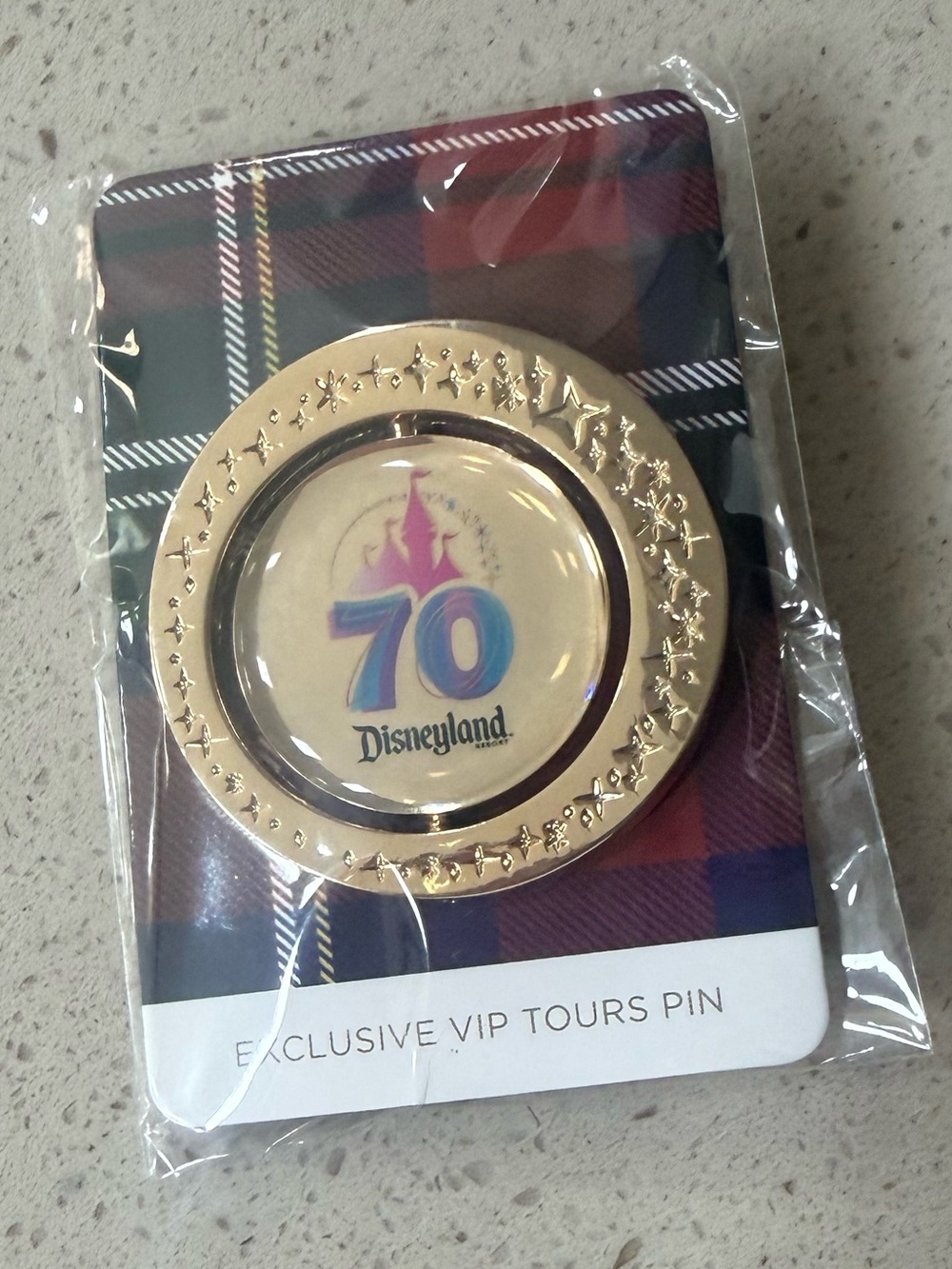 NWT Disneyland 70th Anniversary Gold Tone VIP Tours Pin - Pink & Blue Emblem